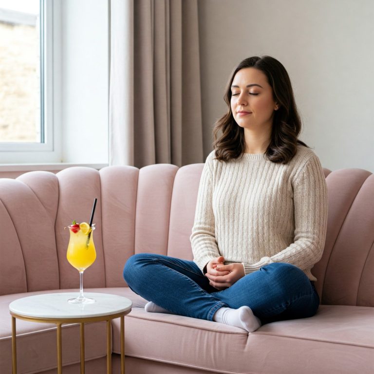 Frau sitzt im Schneidersitz auf einer Couch und meditiert Frau sitzt im Schneidersitz auf einer Couch und meditiert neben einem Getränk.